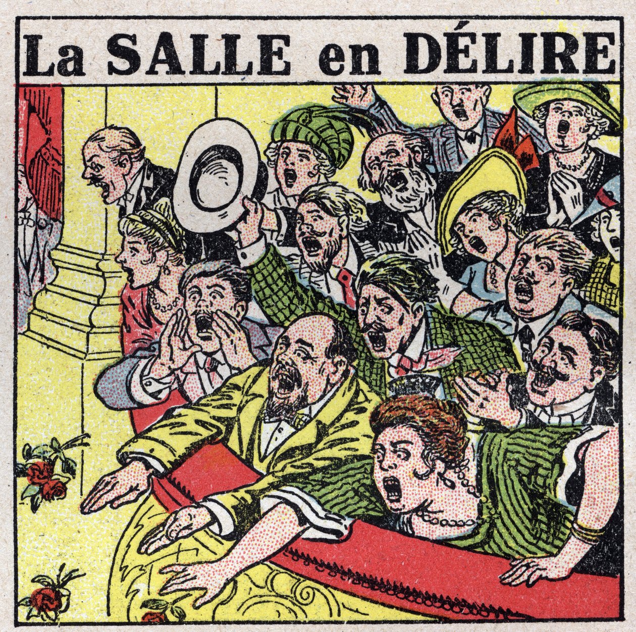 Os efeitos da música: espectadores de um teatro expressando sua alegria com gritos, aplausos e flores florescendo. Ilustração anónima de 1925. Coleção particular. de Anonymous Anonymous