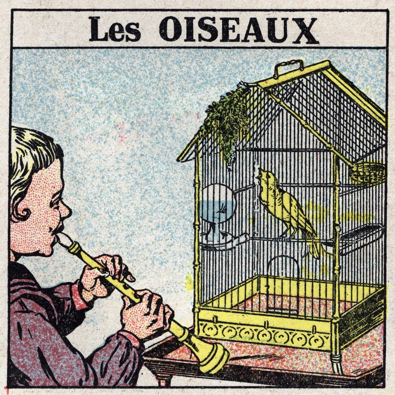 Os efeitos da música: o som de uma flauta faz um pássaro cantar em uma gaiola. Ilustração anónima de 1925. Colecção privada. de Anonymous Anonymous