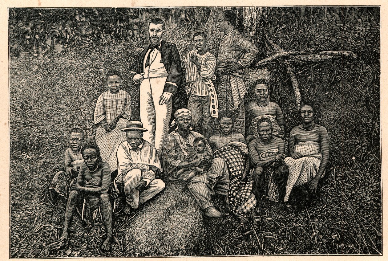 O explorador Pierre Savorgnan de Brazza (1852-1905) e um grupo de indígenas do Vicariato Apostólico dos Dois Guineas no Gabão. Gravura em "Les Missions Catholiques au XIXeme Siecle" de Louis-Eugene (Louis Eugene) Louvet. pr de Anonymous Anonymous