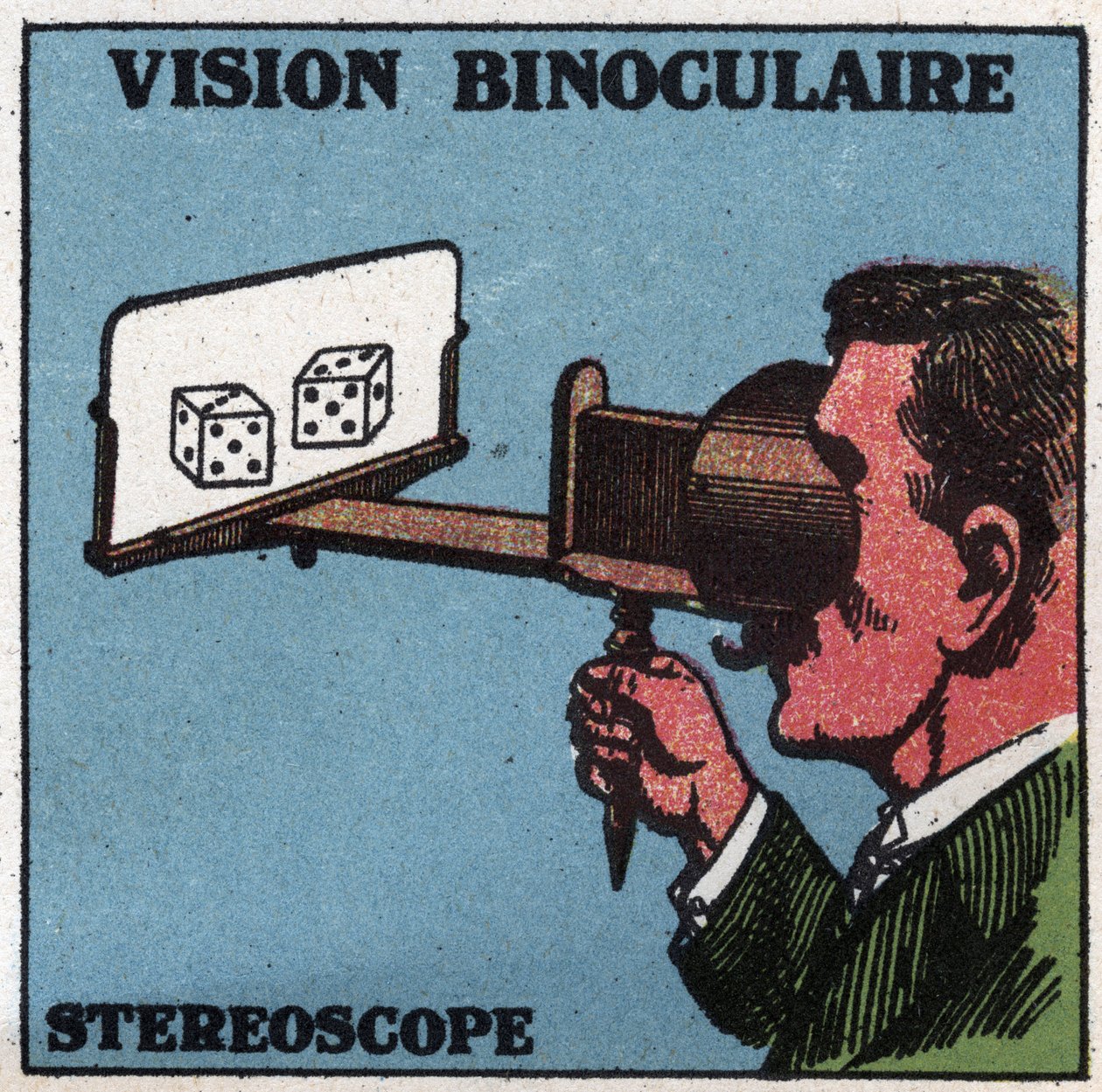 O olho: visão binocular. Uso de um estereoscópio para ver em relevo. Ilustração anónima a partir de 1925. Coleção privada. de Anonymous Anonymous