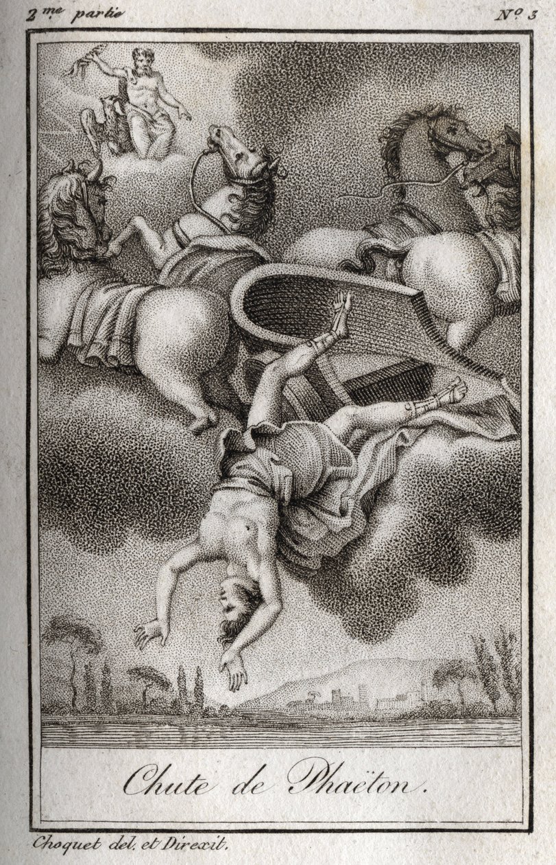 A queda de Phaeton Phaeton (Phaethon), incapaz de controlar o tanque Helios, foi atingida por Zeus, e caiu no rio Eridan. Gravura de 1819 em "Lettres a Emilie sur la mythologie" de Charles Albert Demoustier (1760-1801). Coleção privada. de Anonymous Anonymous