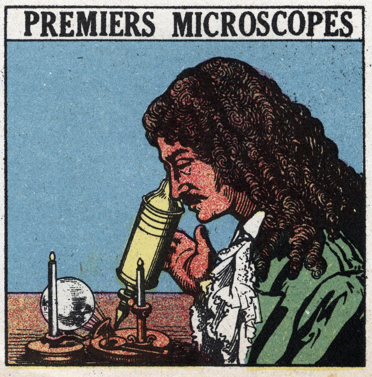 Os primeiros instrumentos ópticos: microscópio utilizado na época de Christiaan Huygens (Huyghens) (1629-1695). Ilustração anônima de 1925. Coleção privada. de Anonymous Anonymous