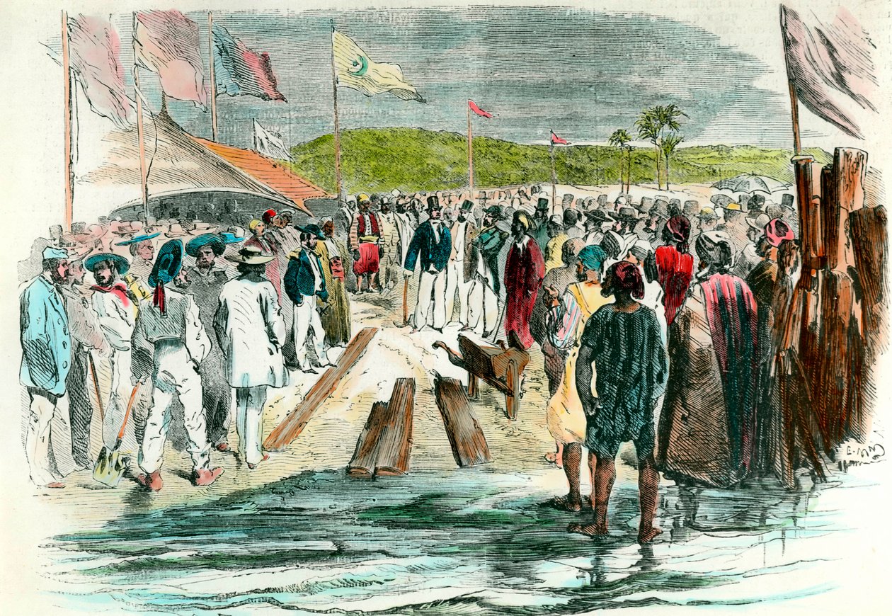 A primeira recolha na inauguração das obras de perfuração do Canal de Suez, em 25 de Abril de 1859 O estaleiro de construção no Egipto pretendia ligar o Mar Vermelho ao Mar Mediterrâneo até 1869. Gravura da Colecção Particuliere do século XIX de Anonymous Anonymous