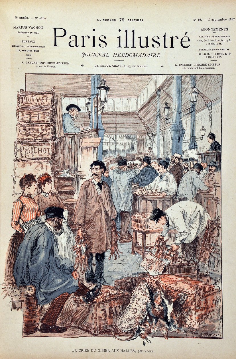 O crítico de caça nos Halles de Paris em 1887. Ilustração de Hermann Vogel (1856-1918). Gravura de 1887 no "Paris-Illustrous journal weekly". de Anonymous Anonymous