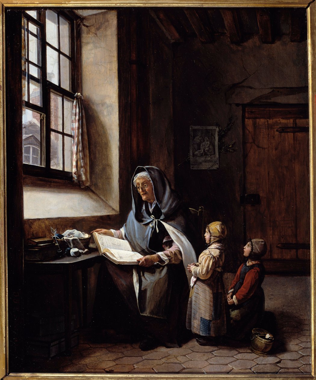 A avó Uma avó está a ler os seus dois netos. Uma pintura anónima. Século XIX. Coleção Particular de Anonymous Anonymous
