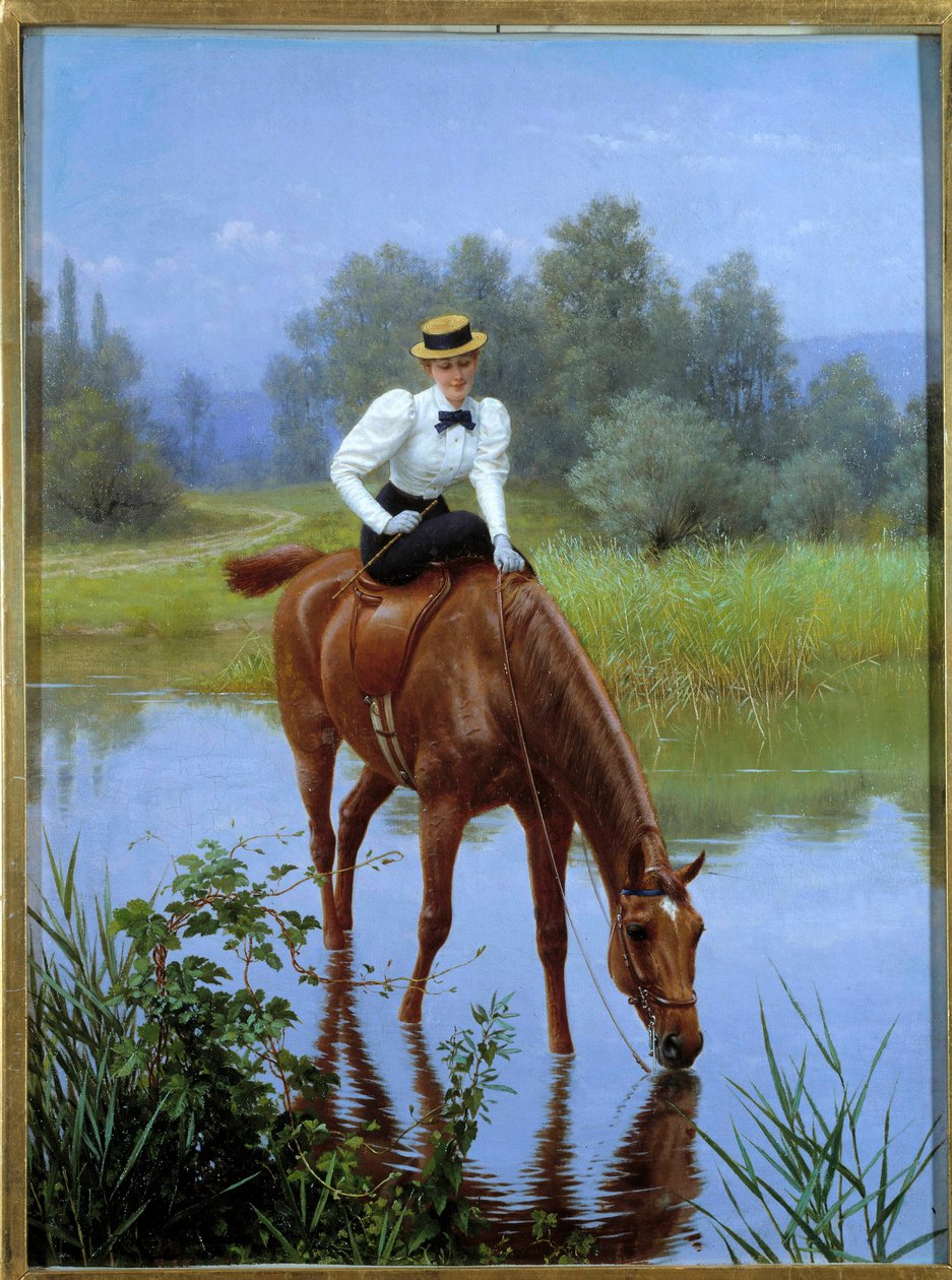 A paragem Uma jovem mulher que se levanta numa Amazónia pára para obrigar o seu cavalo a beber. Pintura anónima, colecção privada do século XX - The Halt. Uma jovem mulher cavalgando de side-saddle pára para o seu cavalo beber. Pintura anónima, século XX.  de Anonymous Anonymous