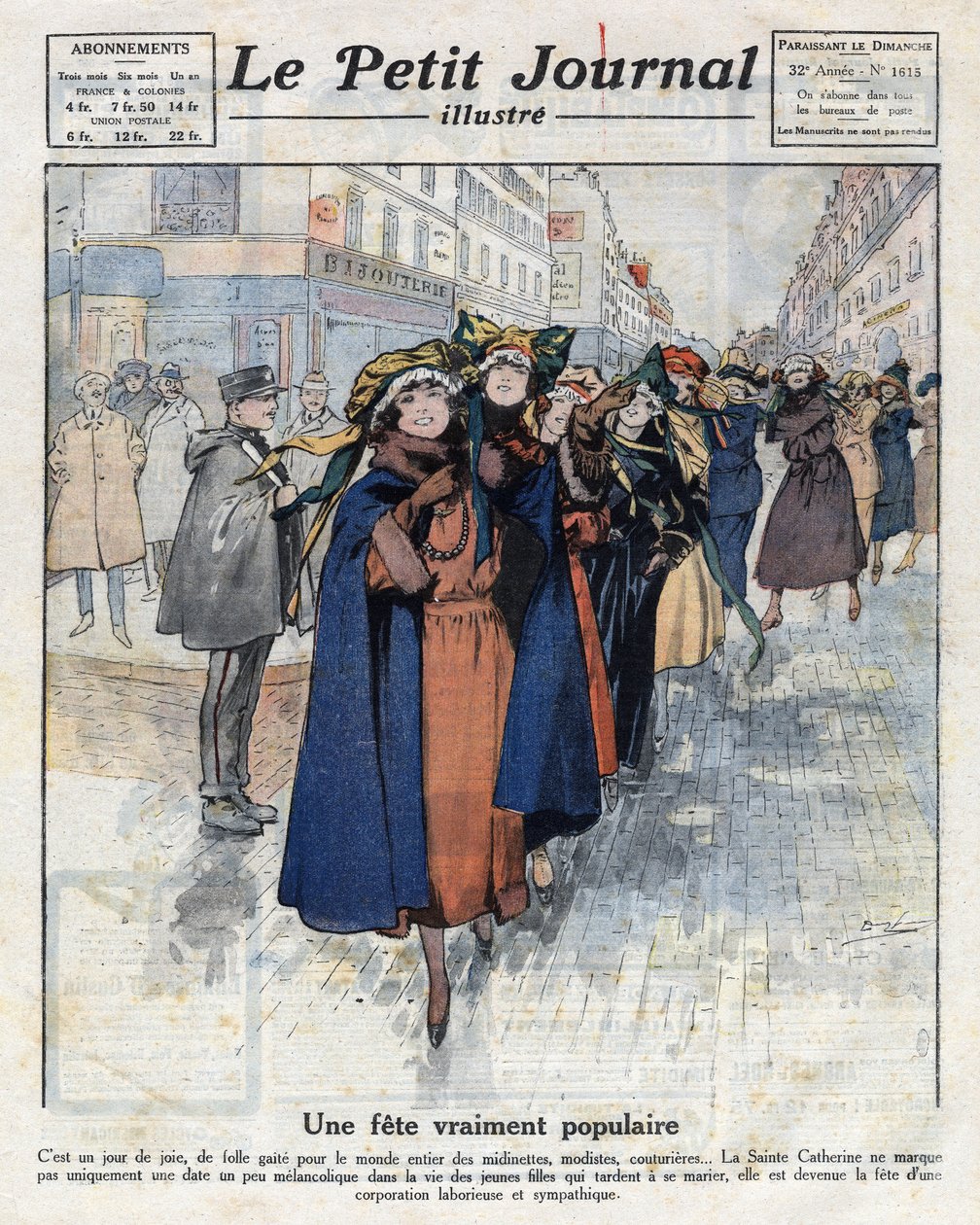 A viagem das catinetas, jovens celibatárias com chapéus tradicionais, nas ruas de Paris. Ilustração retirada do "Le petit journal illustrious" de 12/04/1921. Coleção Particular de Anonymous Anonymous
