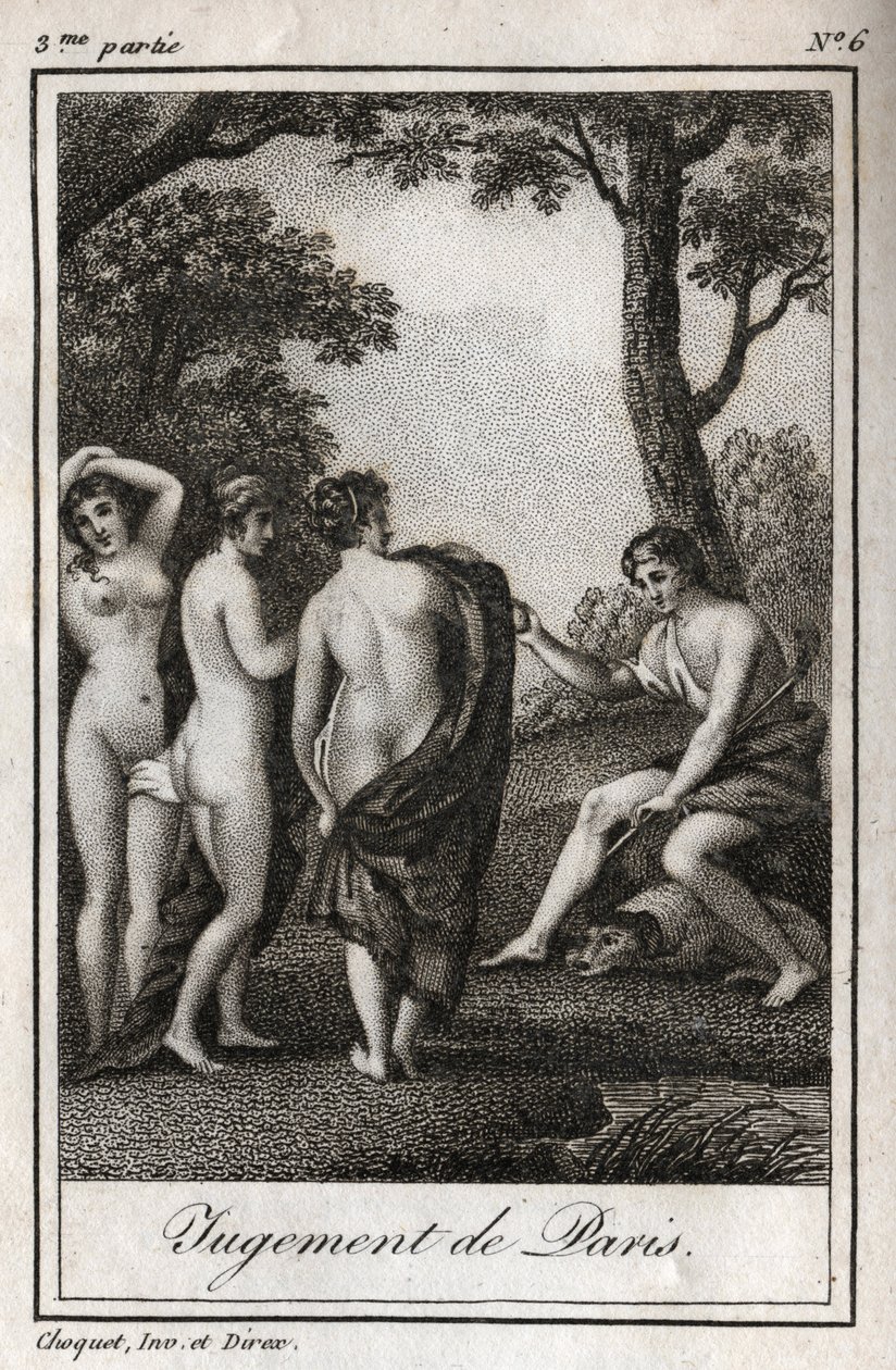 O julgamento de Paris O pastor Paris deve escolher quem vai dar a maçã dourada para desenhar a mais bela das três deusas, Atena, Afrodite ou Hera. Gravura de 1819 em "Lettres a Emilie sur la mythologie" de Charles Albert Demoustier de Anonymous Anonymous