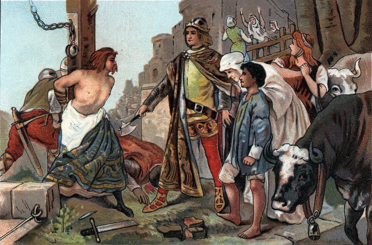 A justiça de Baudouin VII (1092-1119), disse o Conde de Flandres ao machado. Cromolitografia publicitária dos chocolates Antoine, em Bruxelas, no início do século XX. Coleção Particular de Anonymous Anonymous