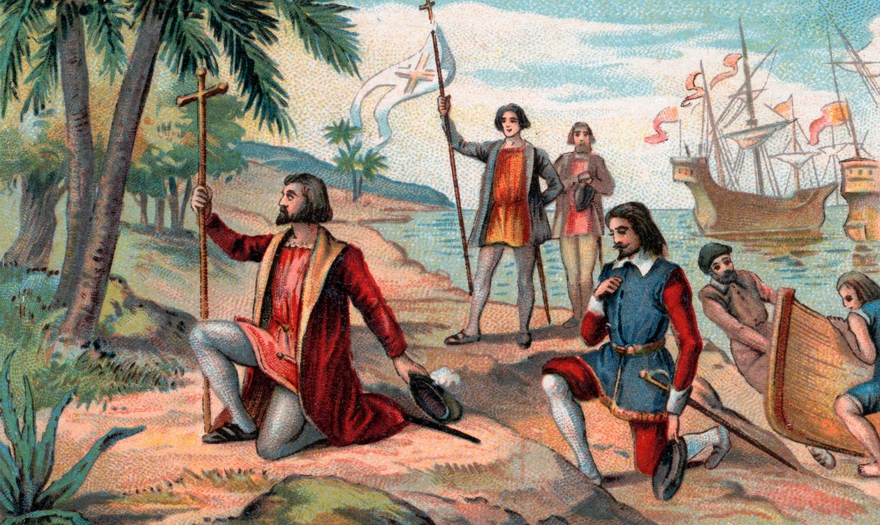 O desembarque de Cristóvão Colombo (Cristóvão Colombo, Cristoforo Colombo, Cristobal Colon) (1451-1506) no Novo Mundo de Anonymous Anonymous