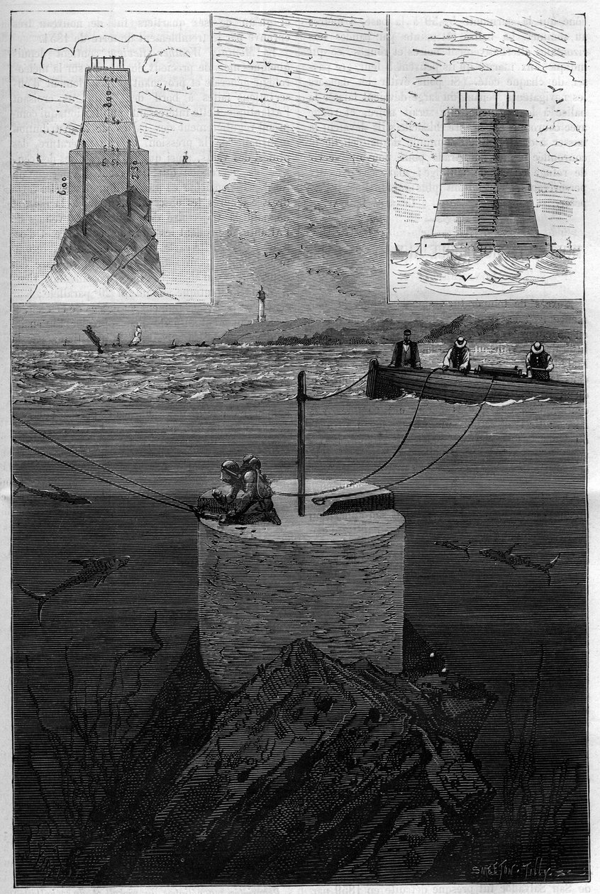 O farol dos Lavezzi: Construção do Farol da Torre das Ilhas Lavezzi ao nível do detroit que separa a Córsega da Sardenha no Mar Mediterrâneo, construído em 1874 pela Marinha Nacional após o afundamento do Semillante em 1 de Anonymous Anonymous