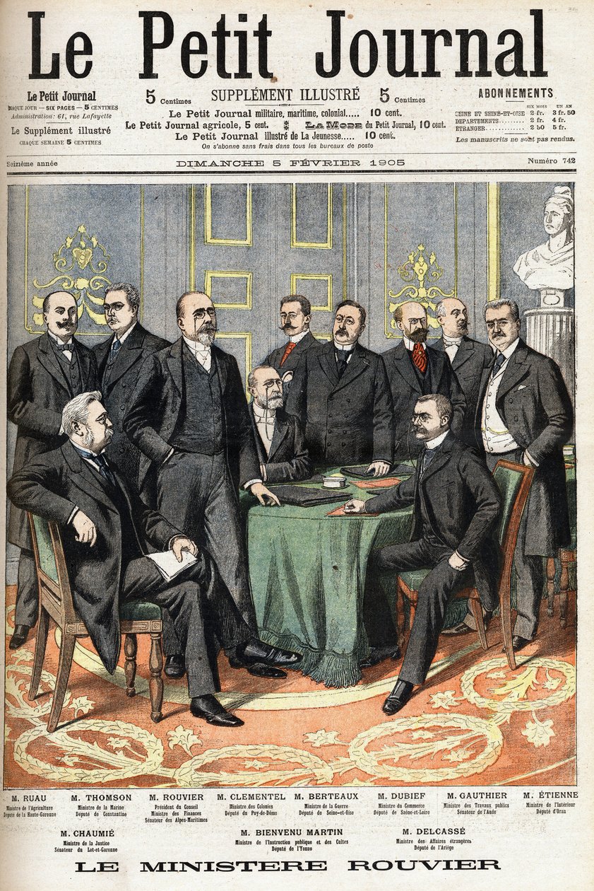 O ministério de Rouvier: No fundo da esquerda para a direita: Joseph Ruau (1865-1923), Ministro da Agricultura, Gaston Thomson (1848-1932), Ministro da Marinha, Maurice Rouvier (1842-1911), Presidente do Conselho e Ministro da Fazenda, Etienne Clementel (1 de Anonymous Anonymous