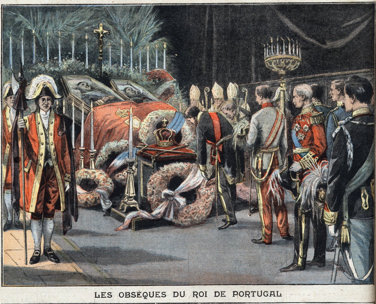 Os obseques do Rei de Portugal Carlos I (1863-1908) morreram assassinados em 1 de Fevereiro de 1908. Gravura do jornal "Le Peute Parisien", em 23/02/1908. Colecção privada. de Anonymous Anonymous