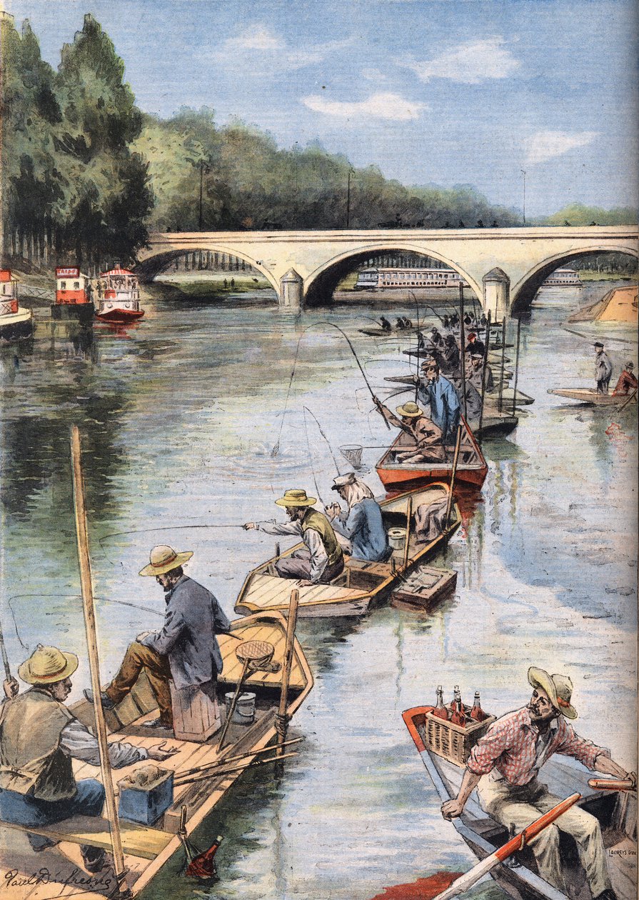 A abertura da pesca. Gravura do jornal "Le Petite Parisien", em 21/06/1908. Colecção privada. de Anonymous Anonymous
