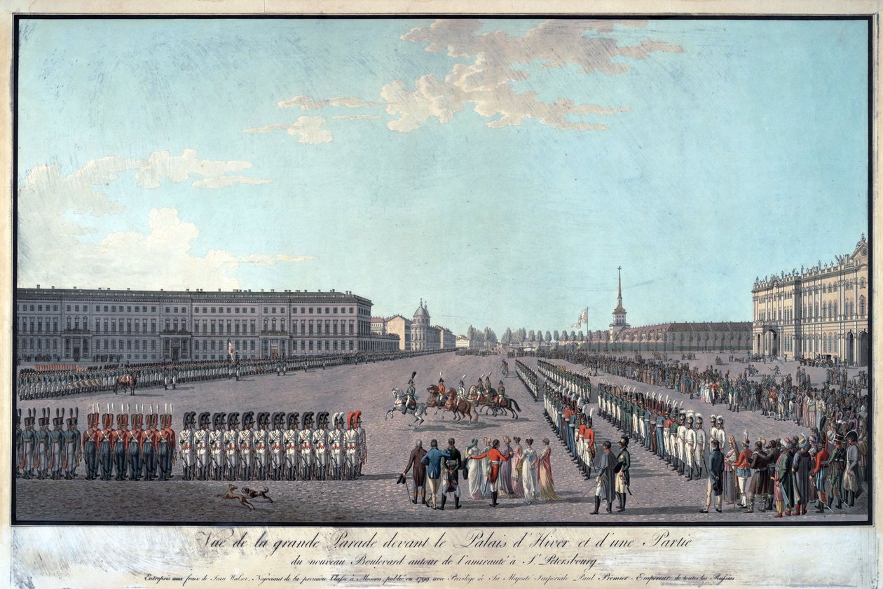 O desfile em frente ao Palácio de Inverno em São Petersburgo - Anónimo - 1799 - Gravura, aguarela - 65x95,6 - Colecção Privada de Anonymous Anonymous