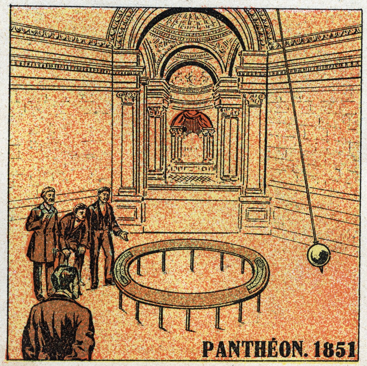 O pêndulo: experiência de Leon Foucault (1819-1868) no Panteão em 1851 e demonstrando a rotação da Terra. Ilustração anônima de 1925. Coleção particular. de Anonymous Anonymous
