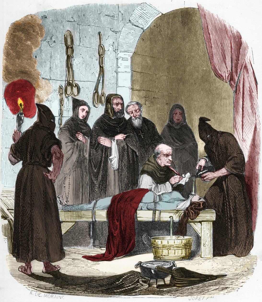 A questão da água: Pedro (Pierre) de Arbues (1441/1442 - 1485) interroga sob tortura uma jovem que alegadamente induziu sua irmã a recorrer ao luteranismo. Amarrada por cordas, a água é despejada num pano que é empurrado para o fundo da garganta. de Anonymous Anonymous