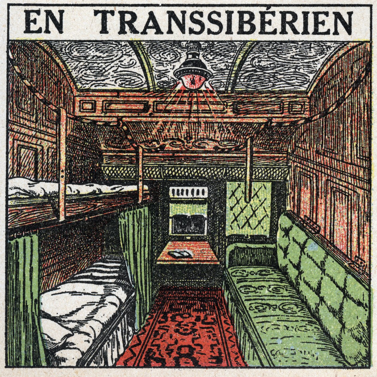 Os caminhos-de-ferro: dentro do vagão de um transsiberiano. Ilustração anónima de 1925. Coleção privada. de Anonymous Anonymous