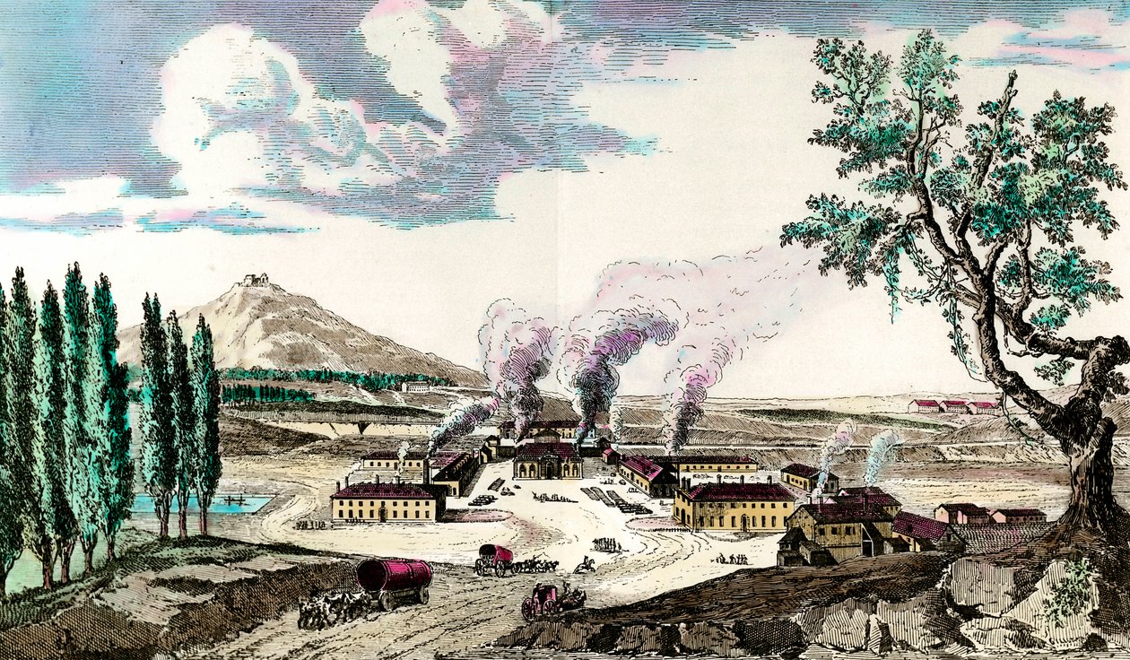 A fundição real no Creusot (Saone e Loire), em 1787, fabricou, entre outras coisas, o armamento do exército francês. Gravura do século XVIII. Coleção privada de Anonymous Anonymous