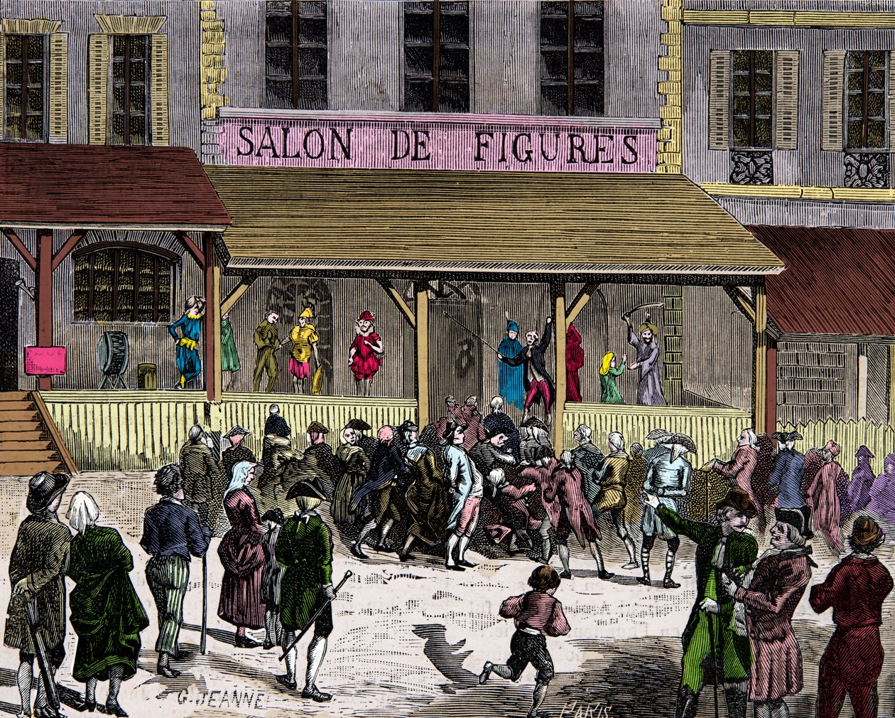 O salão de figos de cera boulevard du temple em Paris no século XVIII, fundado por Curtius, Engraving, Private Collection de Anonymous Anonymous
