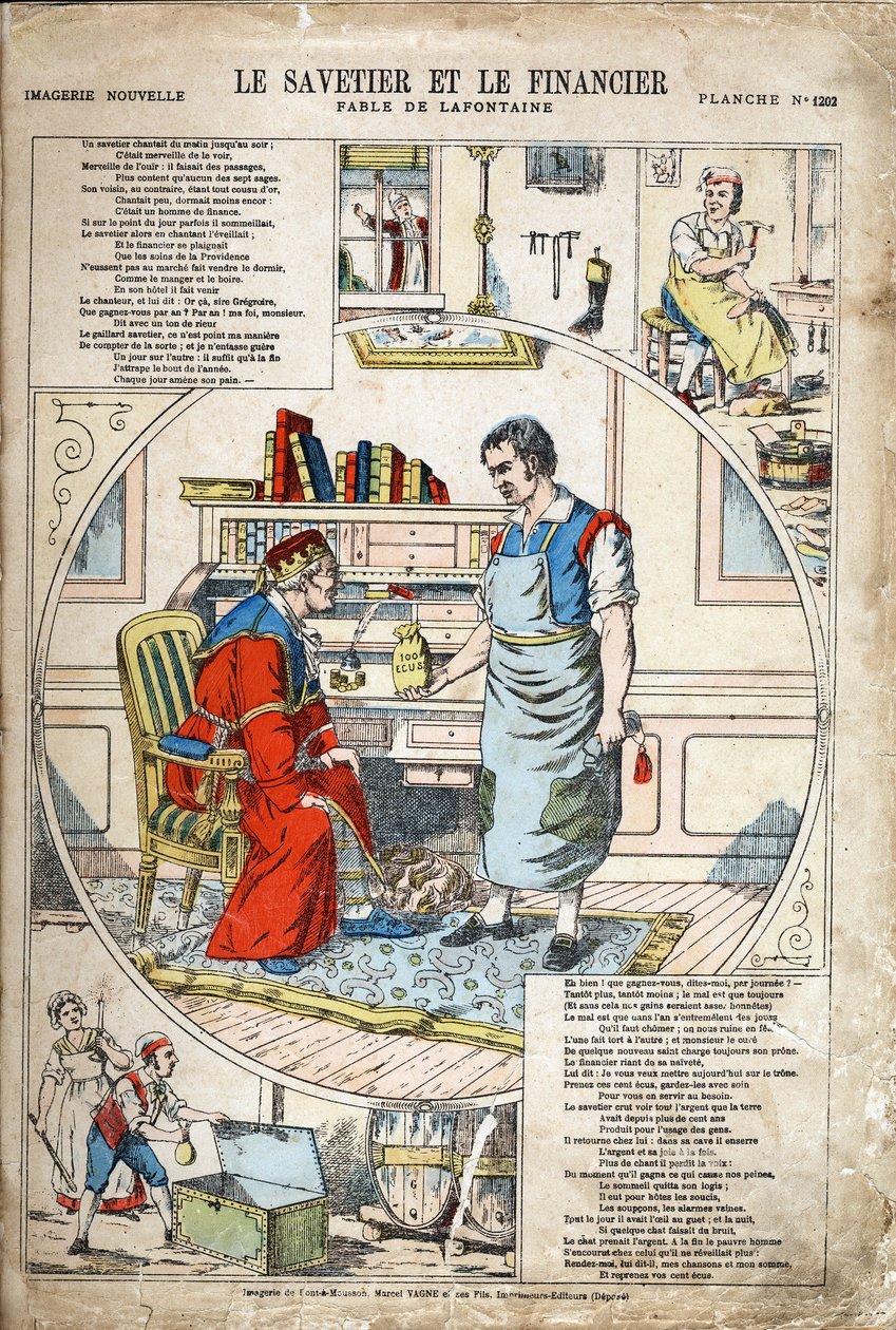 O aforrador e o financeiro. Ilustração anônima para Les Fables de Jean de LA FONTAINE (Lafontaine) (1621-1695). Imagem de Pont-a-Mousson, por volta de 1880. Coleção privada. de Anonymous Anonymous