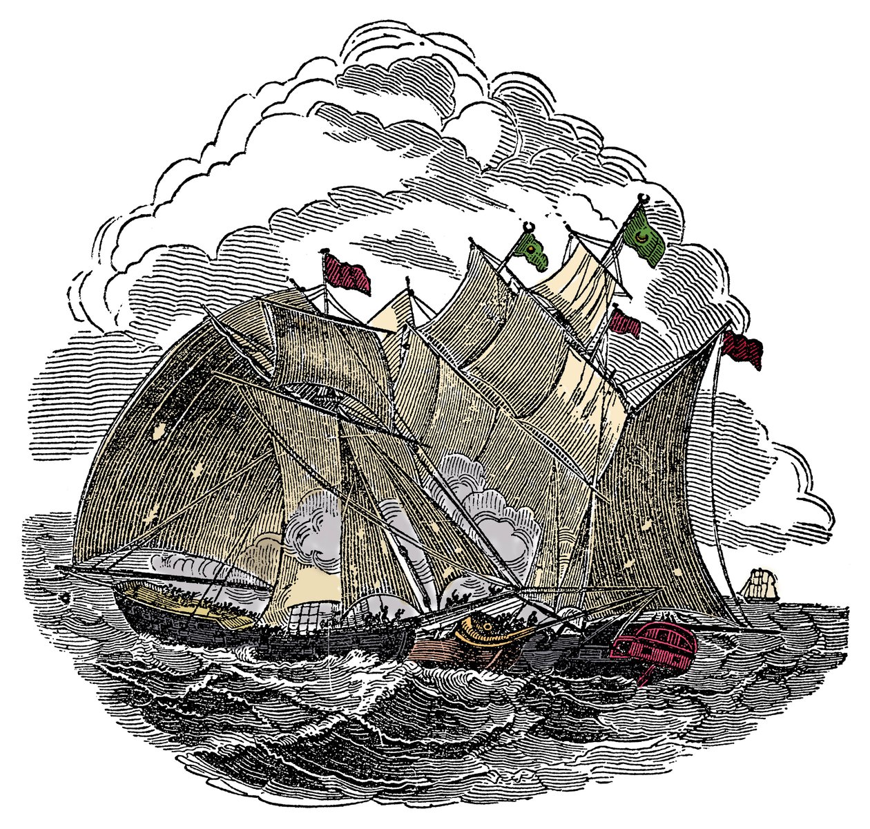 O navio do pirata Henry Every (John Avery, Long Ben, Benjamin Bridgeman) (? -1695) atacou em Setembro de 1695 a frota do grande Mughal Aurangzeb Aurangzeb (Alamgir) ao largo de Surate, Índia Gravura do "The Pirates Own Book" de Charles Ellms de Anonymous Anonymous