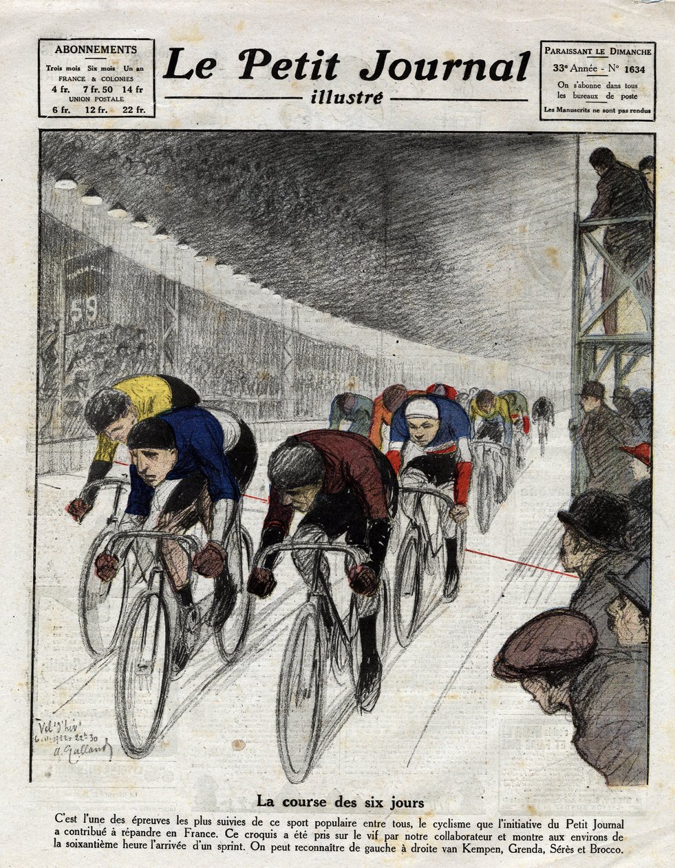 A corrida de seis dias: Piet van Kempen (1898-1985), Alfred Grenda, Seres e Maurice Brocco (1883-1965) durante o sprint. Gravura no Le Petit Journal illustre, em 16/04/1922 de Anonymous Anonymous