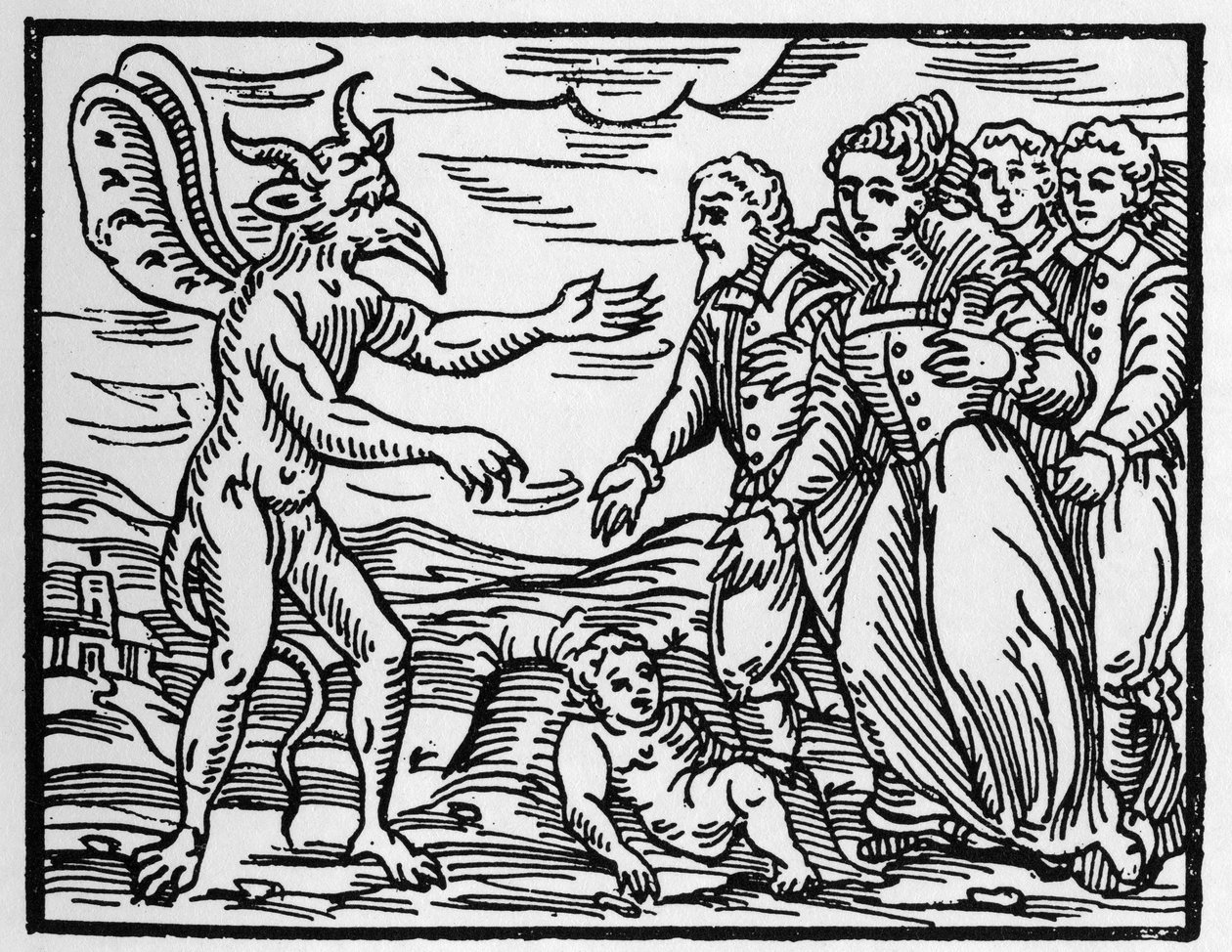 Os feiticeiros que apresentam uma criança ao diabo - "Compendium Maleficarum", trata das bruxas, do seu mal e dos seus institutos por Francesco Maria Guazzo ou Guaccio ou Guaccius (15?? -16??) 1608 Coleção Privada de Anonymous Anonymous