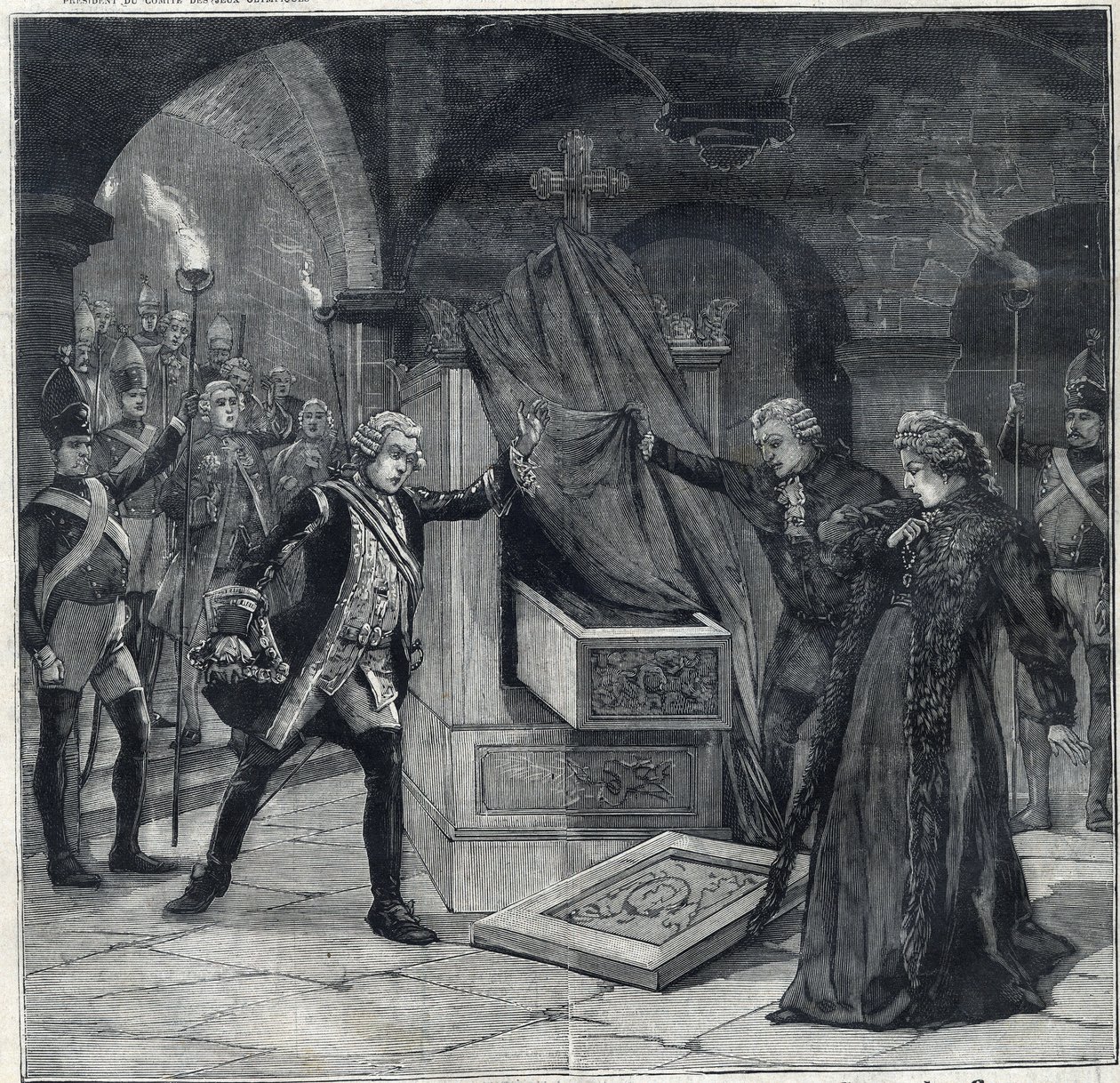 O palco das caves da peça "Catarina da Rússia" no teatro de Cathelet Paul Ginisty (1855-1932) e Charles Samson (1894-1895). Gravura em "Le Petro Parisien". de Anonymous Anonymous
