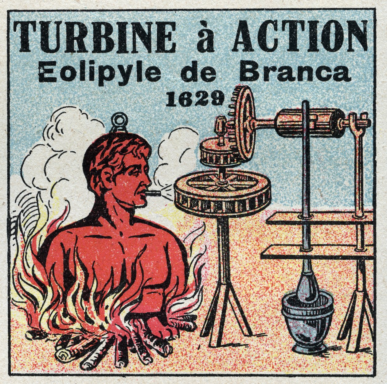 A máquina a vapor: a turbina tem acção. Eolipyle inventada por Giovanni Branca (1571-1645) em 1629. Ilustração anônima de 1925. Coleção particular. de Anonymous Anonymous