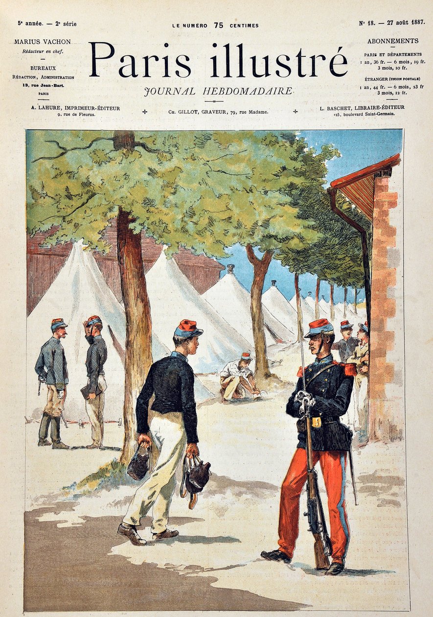 Os alunos da escola de Saint-Cyr (Saint Cyr), no acampamento de Chalons. Gravura de 1887 no "Paris-Illustrous Journal Weekly". de Anonymous Anonymous