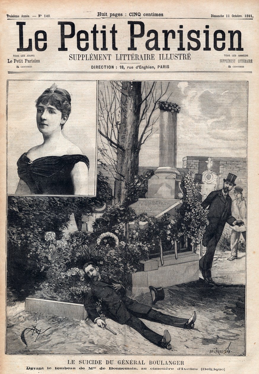 O suicídio do General Georges Boulanger (1837-1891) no cemitério de Ixelles na Bélgica, em frente ao túmulo de Madame Bonnemains. Gravura em "Le petit Parisien", de 1891. Coleção privada. de Anonymous Anonymous