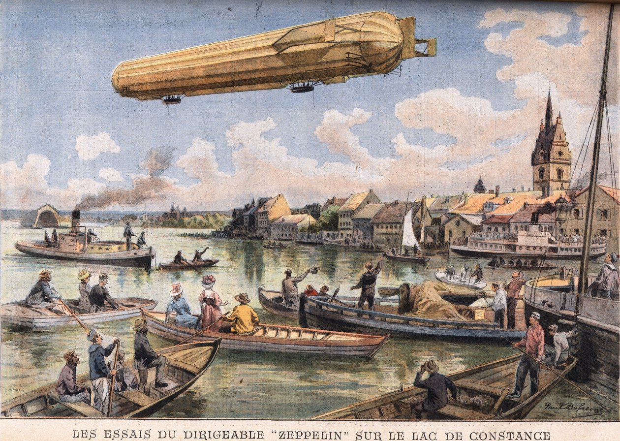 Os testes do dirigível Zeppelin no Lago Constança, na Alemanha. Gravura do jornal "Le Peute Parisien", em 2/08/1908. Coleção privada. de Anonymous Anonymous