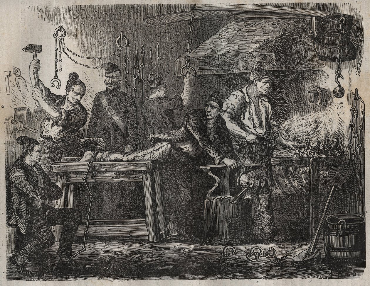 A transferência para o Toulon Bagne no século XIX. Gravação em "Histoire des bagnes depuis leur création à nos jours" (1877) por Pierre Zaccone (1817-1895) (Colonia Penale - colônia penal). Coleção particular. de Anonymous Anonymous