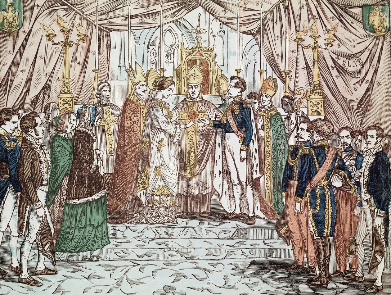 O casamento de Napoleão III e Eugênia Maria de Montijo de Guzman, em 30/01/1853, na Catedral de Nossa Senhora (gravura de Anonymous Anonymous
