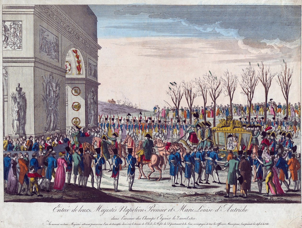 A procissão de casamento de Napoleão e Marie-Louise ao longo dos Campos Elíseos em 2 de Abril de 1810 - Anónimo - 1810 - Gravura, aguarela - 35,3x45,7 - Colecção Privada de Anonymous Anonymous