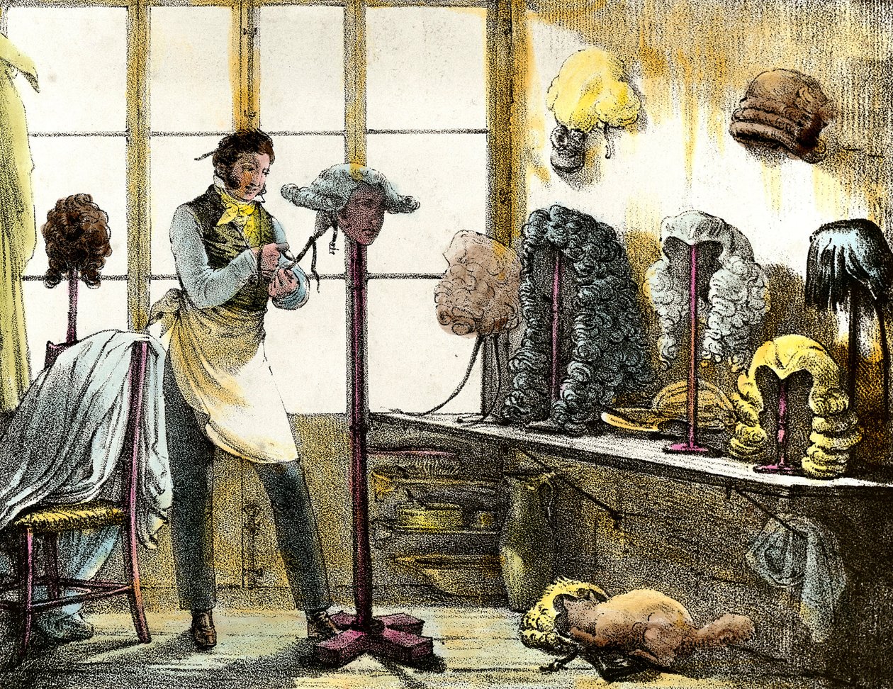 A peruca a estilizar uma peruca de um catogan, cabeleireiro de homem. Gravura de espelhos, cartas, medicamentos, etc. As artes" 1821-1823 Colecção privada de Anonymous Anonymous