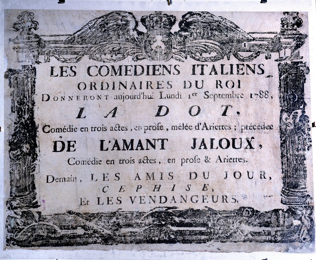 Cartaz de teatro apresentando a peça "O ponto" e "O amante ciumento" apresentado por comediantes italianos, 01/09/1788. Paris. Museu Carnavalet de Anonymous Anonymous