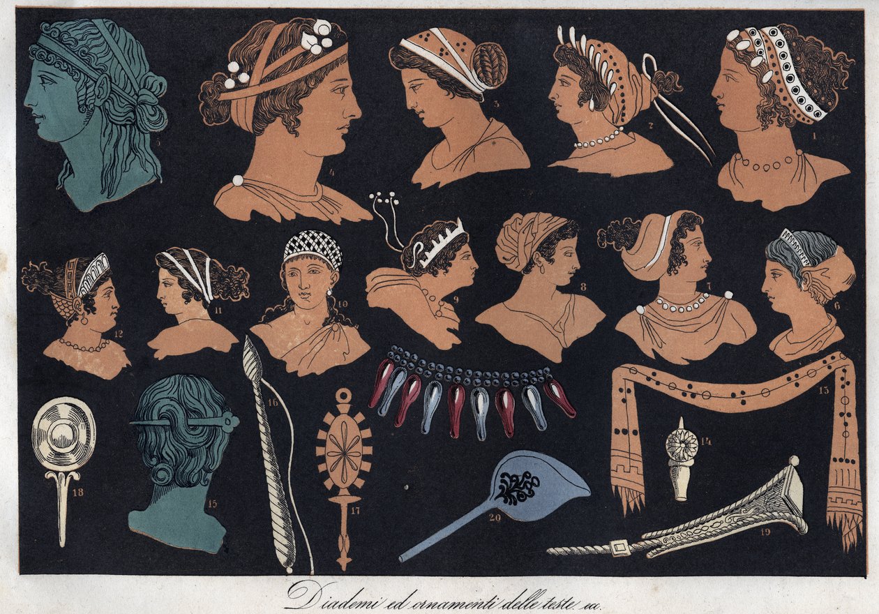 Tiaras e ornamentos de cabeças na Grécia antiga - gravura de "Usos e Costumes de Todos os Povos do Universo". Ou melhor, a história do governo, das leis, das milícias, da religião de todas as nações desde os tempos mais remotos até aos nossos dias" 1856 de Anonymous Anonymous