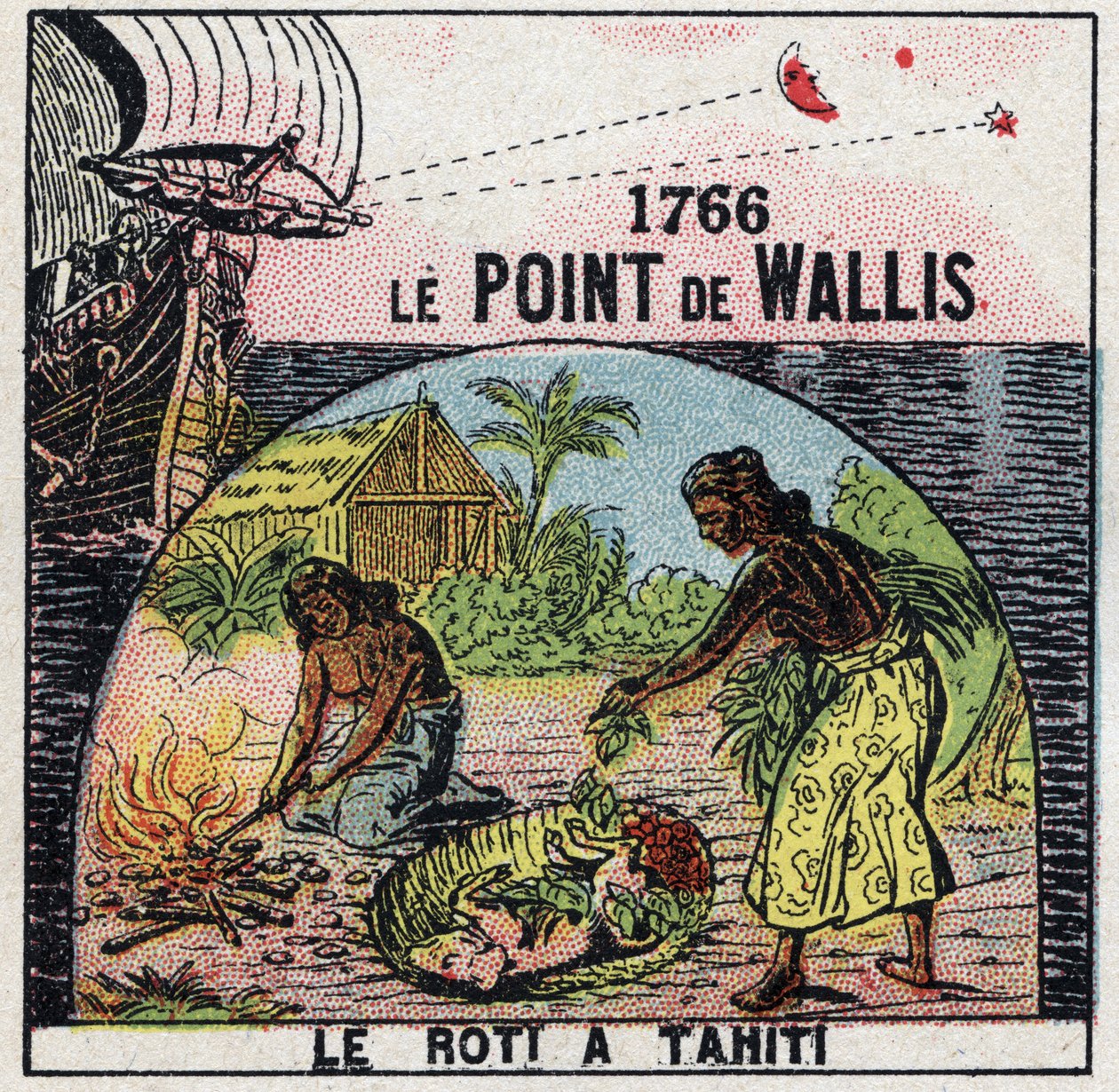 Tempo: o ponto de Samuel Wallis (1728-1795) em 1766 permitindo conhecer a longitude do ponto onde estava localizado em relação à distância entre as estrelas e a lua. Ilustração anónima a partir de 1925. Coleção particular. de Anonymous Anonymous