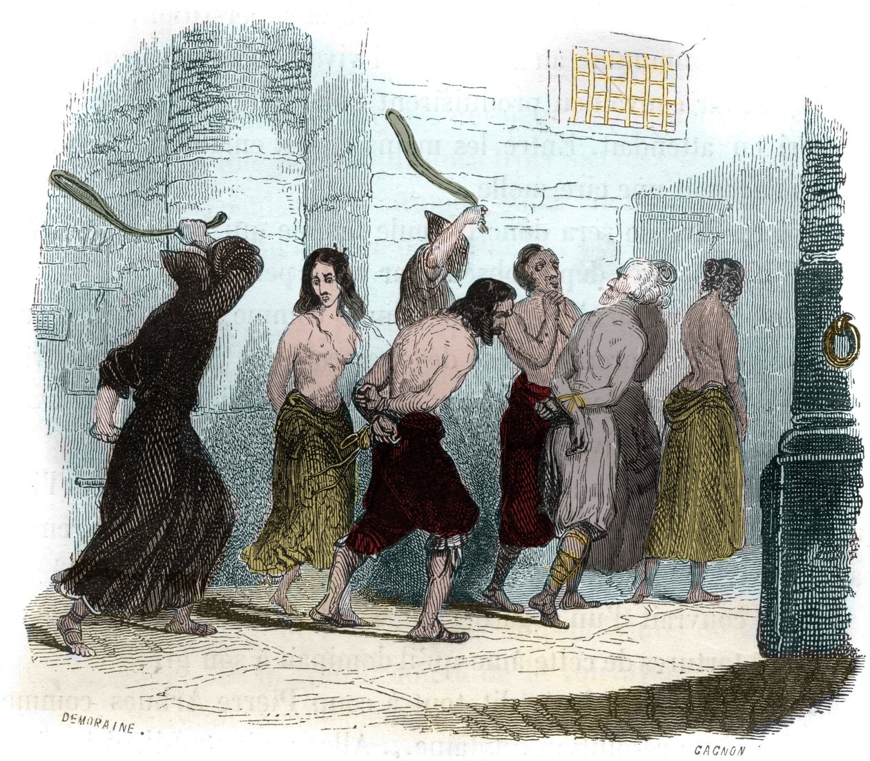 Tortura durante a Inquisição em Espanha, no século XVI: O tormento do chicote. Ilustração em "Mysteres of the Inquisition and Other Secret Societies of Spain" de Victor de Fereal, Suberwick, Manuel Galo de Cuendias. Publicado por P. Boizard de Anonymous Anonymous
