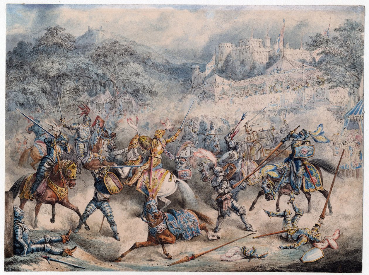 Tournoi (Idade Moyen) - Torneio de cavaleiros montados - Anónimo - 1840 - Litografia a cores - 20,3x30,5 - Colecção Privada de Anonymous Anonymous