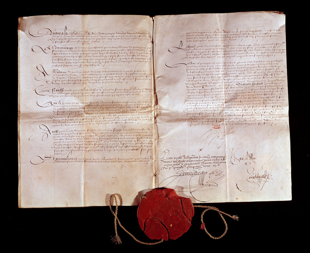 Tratado de Cateau Cambresis (Cateau-Cambresis) entre Henrique II (1519-1589) e Filipe II de Espanha em 3-04-1559. A França devolve os seus territórios italianos à Espanha. Este comércio pôs fim às guerras italianas. Paris, Arquivo Nacional de Anonymous Anonymous