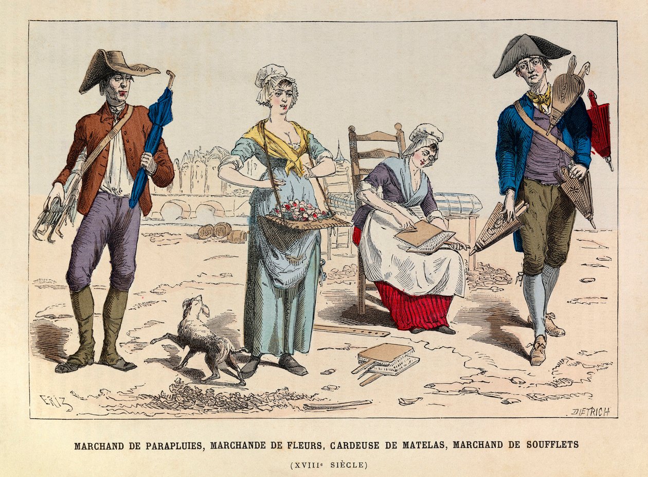 Comerciante de guarda-chuva, comerciante de flores, escultor de colchões e de foles em Paris no século XVIII - Vendedor de guarda-chuva, vendedor de flores, escultor de colchões e de foles em Paris no século XVIII - coleção particular de Anonymous Anonymous