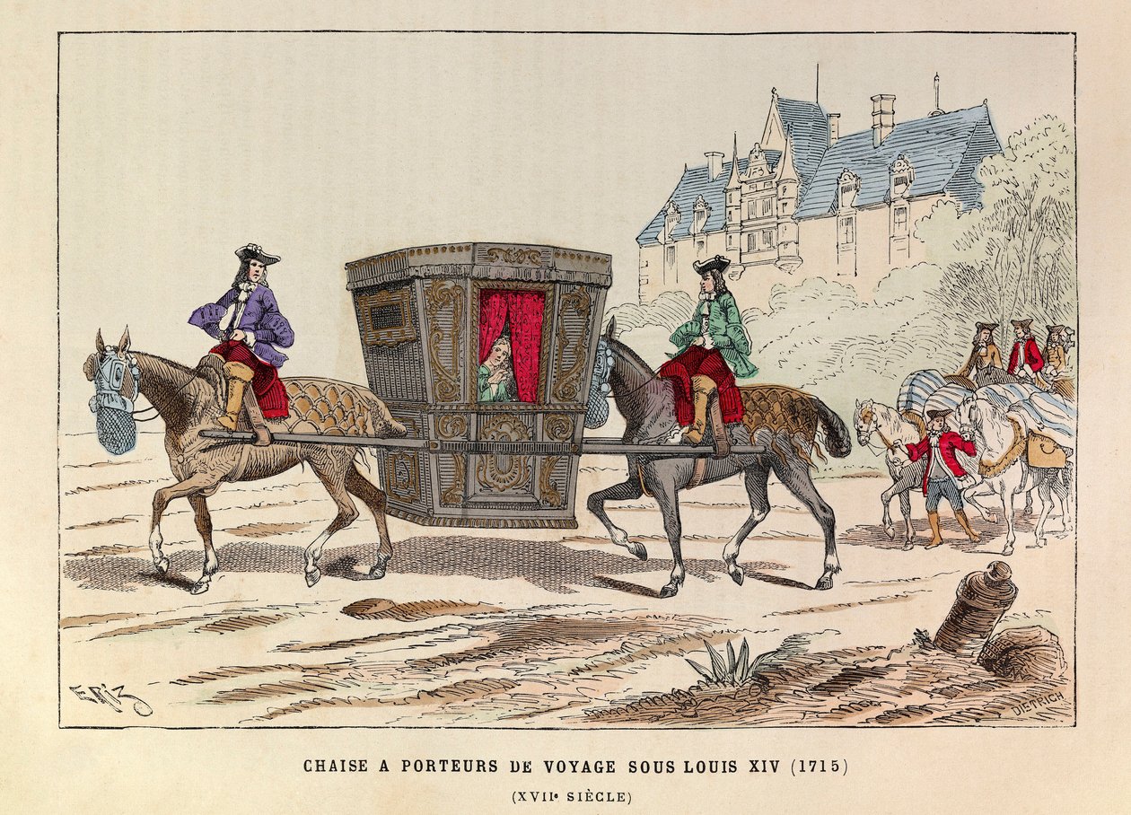 Une chaise à porter de voyage sous le reign du roi Louis XIV (1715) - Cadeira Sedan carregada por cavalos do reinado do rei Luís XIV da França de Anonymous Anonymous