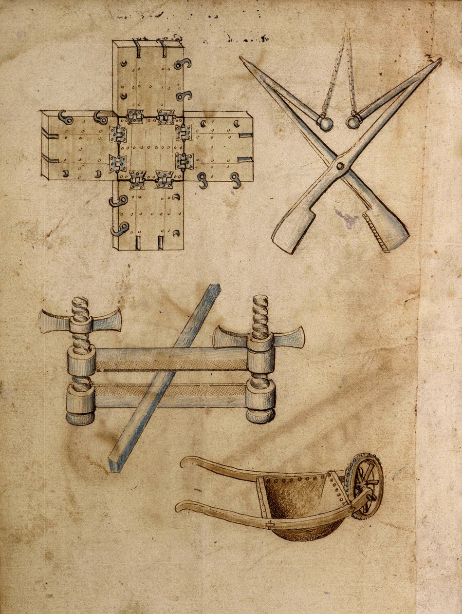 Vários objectos de engenharia, incluindo um carrinho de mão - Manuscrito: folha de pergaminho de um manual de engenharia para a construção de edifícios civis, religiosos e militares, anónimo, finais do século XV (figura em tinta chinesa) de Anonymous Anonymous