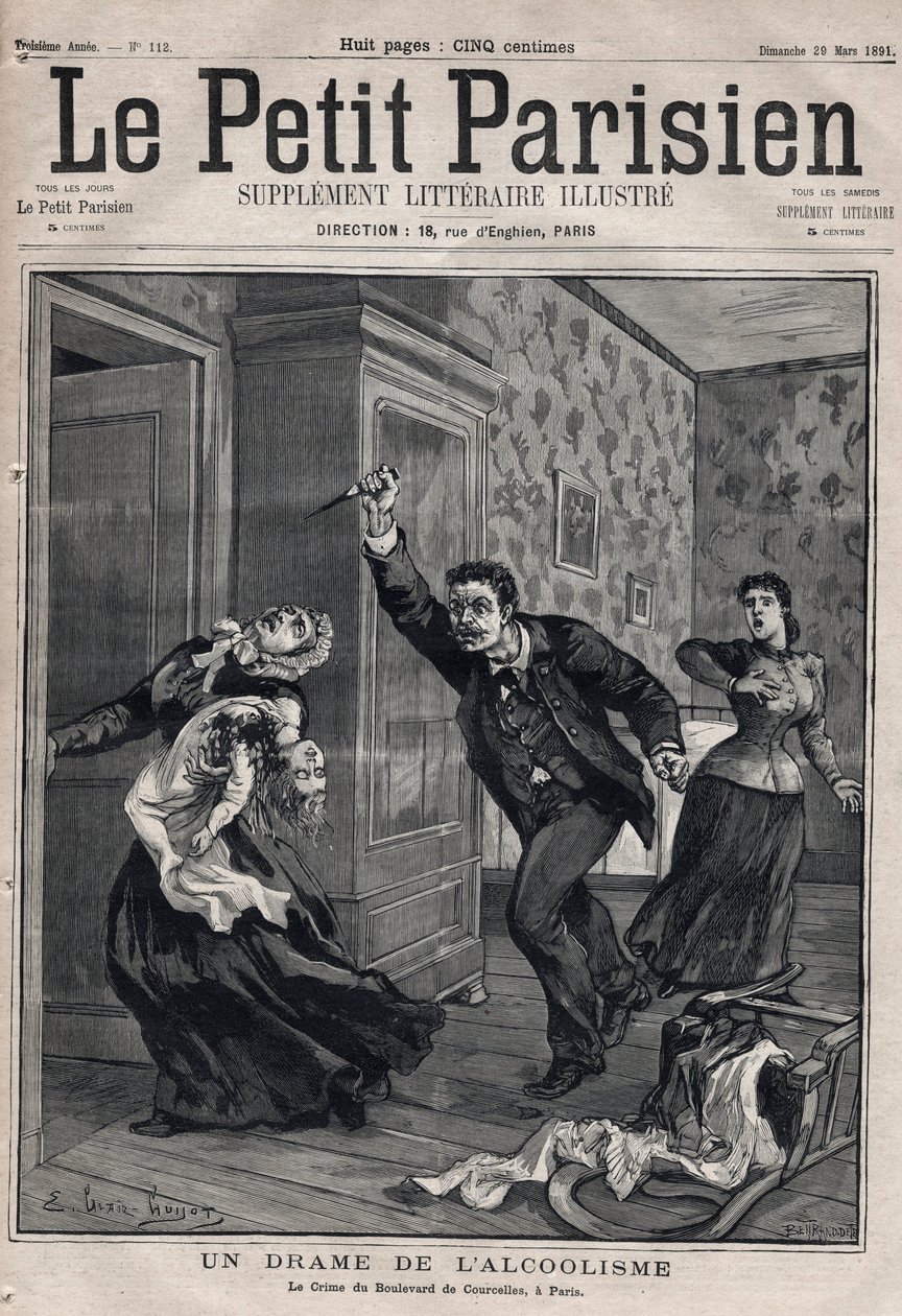 Vários fatos: um drame do alcoolismo - Le crime du Boulevard de Courcelles em Paris - Gravura em "Le petit Parisien" de 1891 - Privee de coleção de Anonymous Anonymous