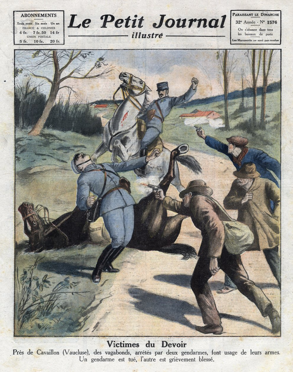 Vários fatos: assassinato de dois gendarmes por criminosos vagabundos na estrada para Cavaillon, na Vaucluse. Ilustração retirada do "Le petit journal" de 03/06/1921. Coleção Particular de Anonymous Anonymous