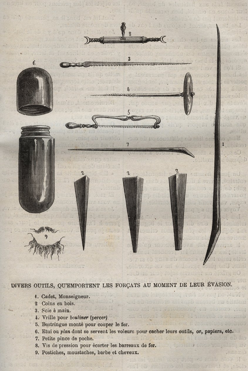 Várias ferramentas, que os forcats carregam quando escapam. Gravura em "Histoire des bagnes depuis leur création à nos jours" (1877) de Pierre Zaccone (1817-1895) (Colonia Penale - colônia penal) de Anonymous Anonymous