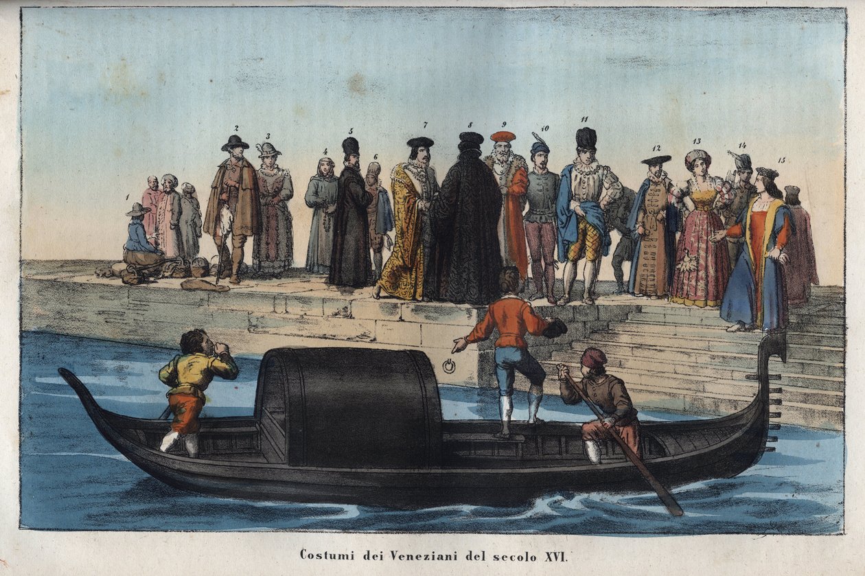 Fantasias venezianas do século XVI - gravura de "Usos e costumes de todos os povos do universo". Ou História do governo, leis, milícias, religião de todas as nações desde os tempos mais remotos até aos dias de hoje" 1856 de Anonymous Anonymous